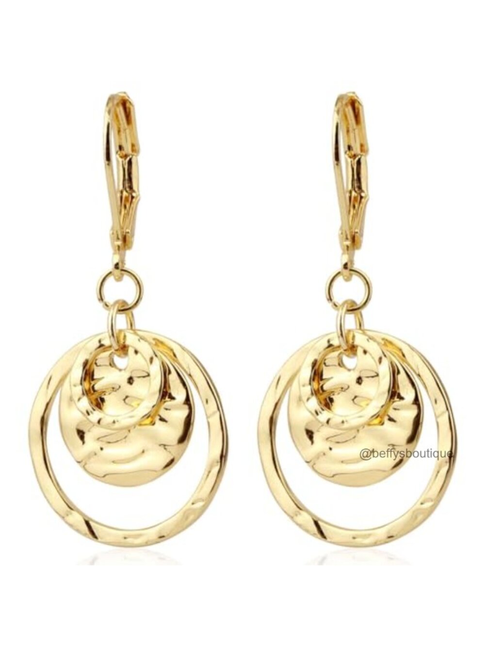 Gold Disc Leverback Dangle Earrings Boho Hammered Circle Drop Gift